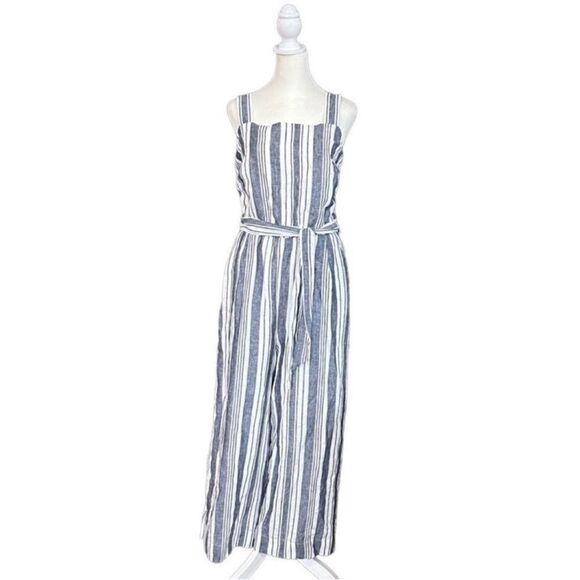 Charter Club Linen Cotton Blue White Stripe Wide Leg Jumpsuit 8 - Picture 1 of 15